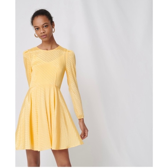 Maje Paris Jaune jacquard textured yellow satin skater dress EU 36 - Picture 1 of 10